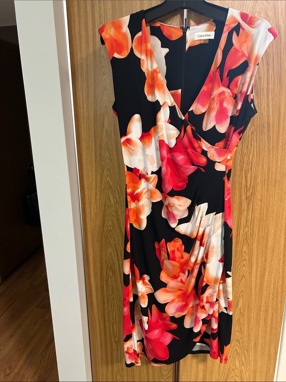 Calvin Klein Black Midi Dress with Red & Orange Floral Print